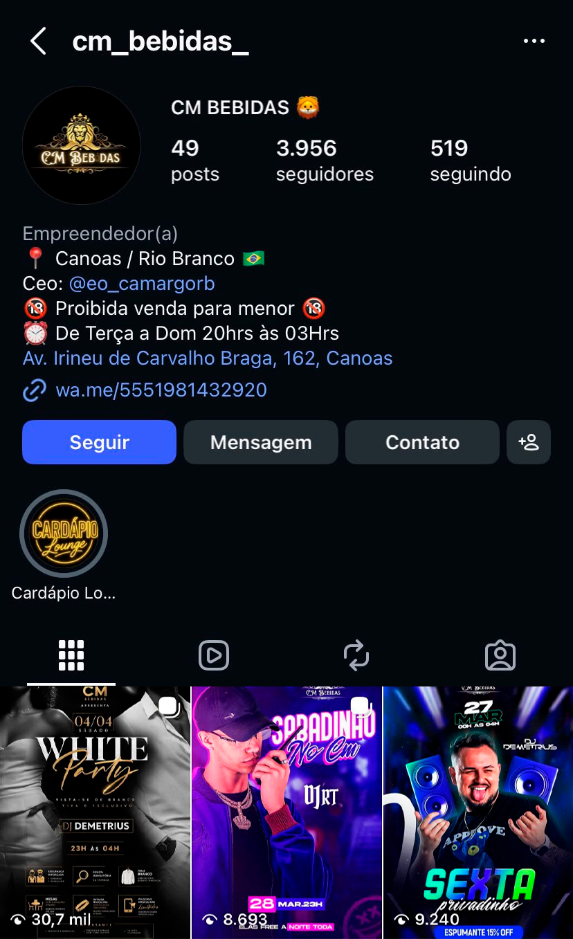 Perfil do CM Bebidas no Instagram